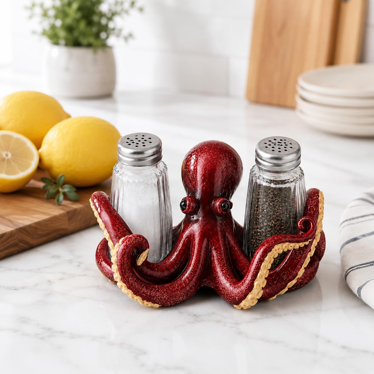 Comfy Hour 6" Red Octopus Salt and Pepper Shaker Duo (Empty Bottle Set Included), Decorative Coastal Ocean Figurine Holder for Kitchen Tabletop, Heavy Duty Resin Stone Texture, 1 Unit