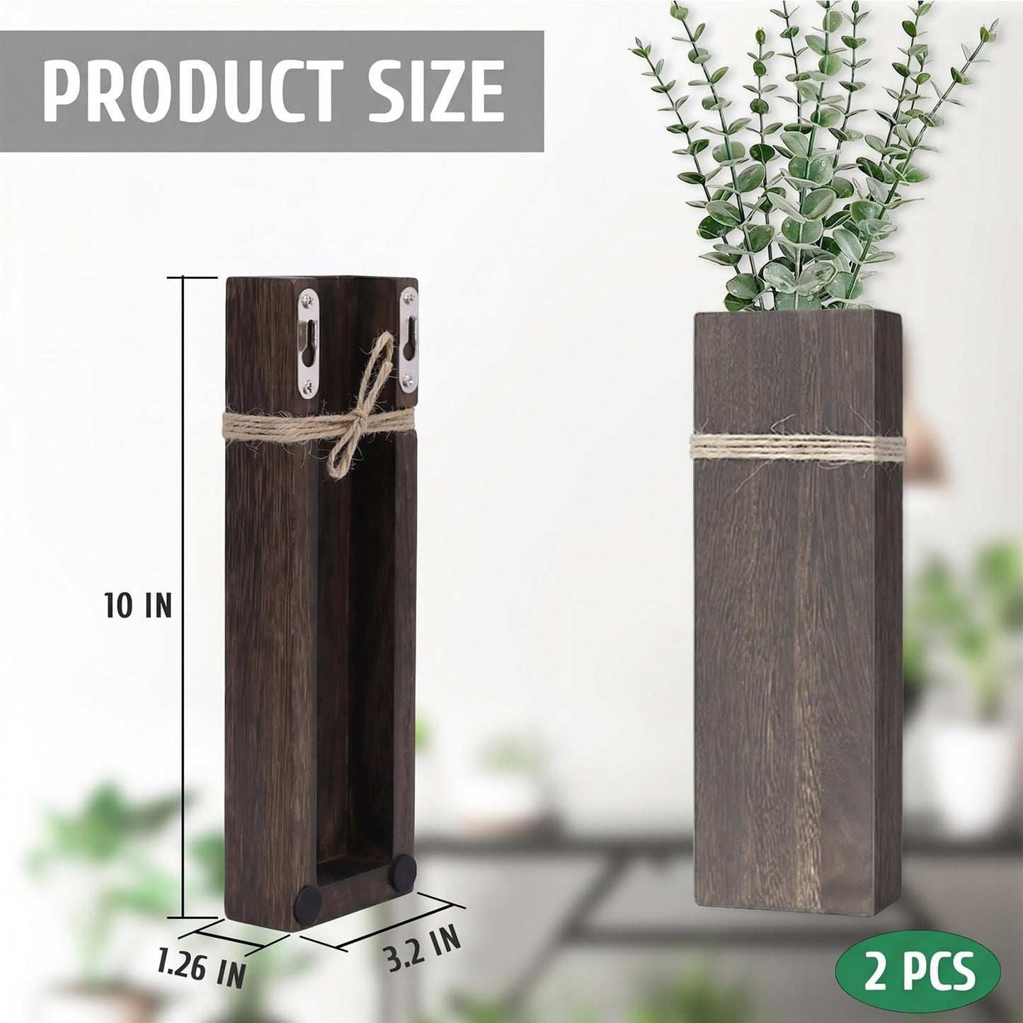 TYLCC Wall Planters for Indoor Plants Set of 2, Rustic Boho Wood Wall Vases for Dried Flowers & Artificial Plants, Modern Farmhouse Home Decor for Living Room Bedroom Kitchen Dining Room - Dark Brown