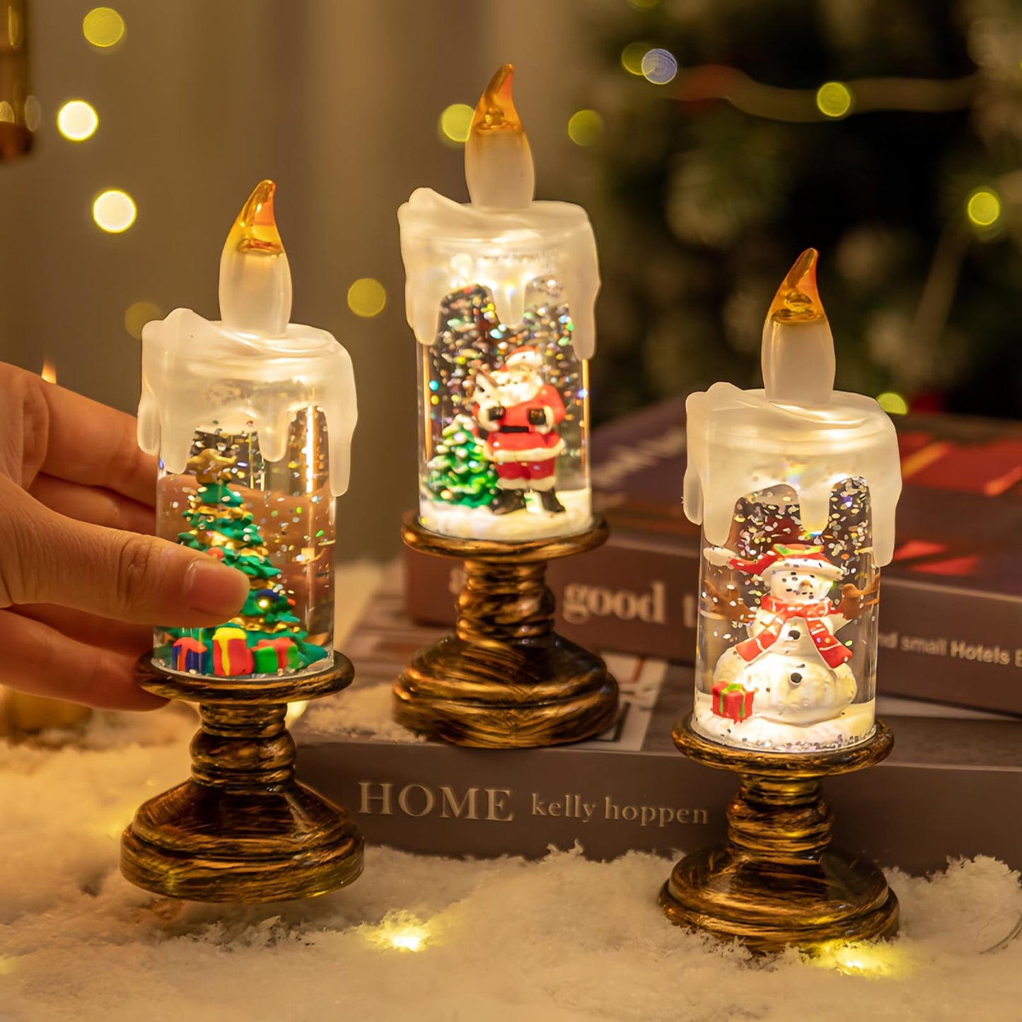 AVEKI Christmas Flameless Candles, Snow Globe Candles Light with Fluttering Sequins, Battery Operated Taper Candles for Home Party Christmas Decorations (Christmas Tree)