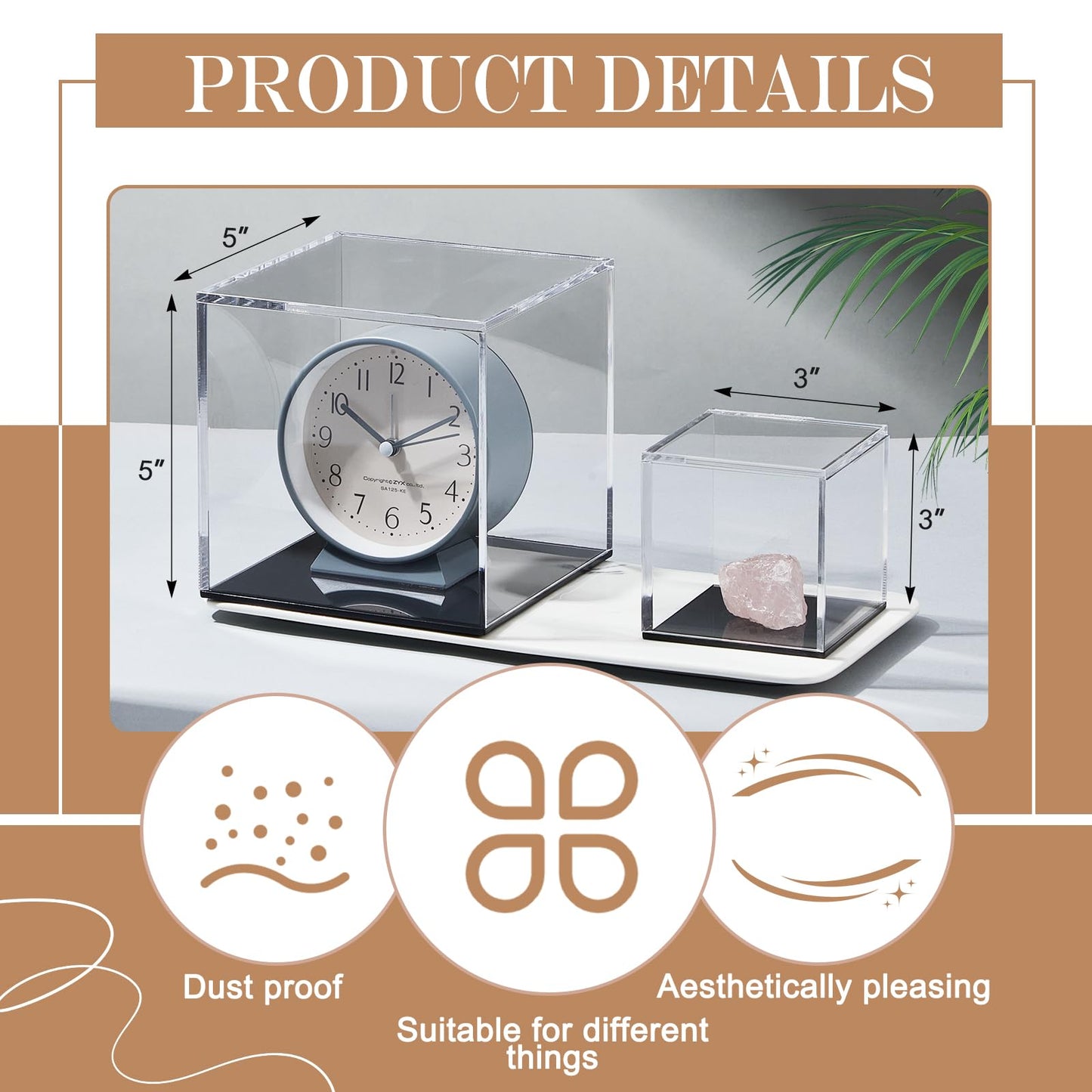 Jetec 4 Pcs Clear Acrylic Boxes for Collectibles Display, 3x3x3 Inches Plastic Clear Small Acrylic Box for Storage, Dustproof Protection Showcase Container with Black Base for Rock Coral Minerals