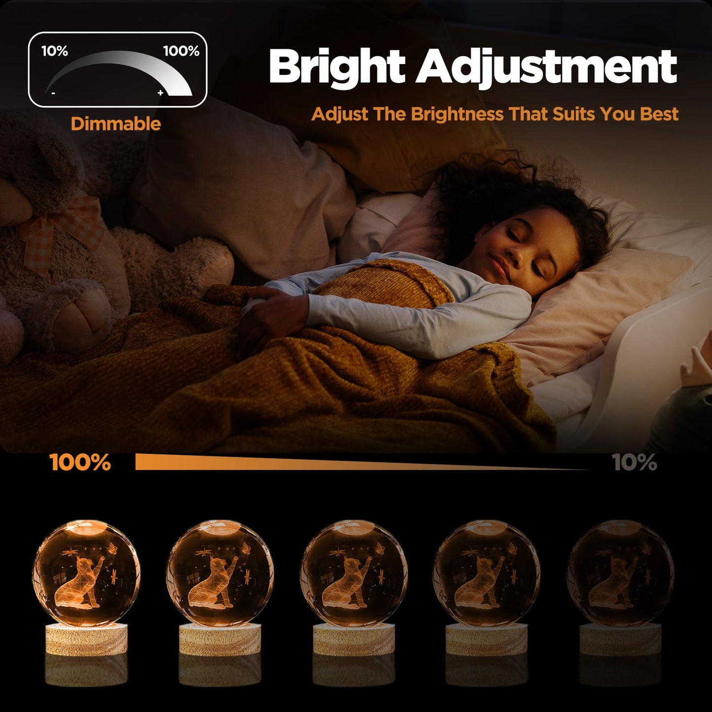 PYMIN3D 3D Crystal Cat Ball Night Light 3.15in K9 Lamp With 16 Colors Change Wooden Base and Remote Control Christmas Gifts for Cat Lovers Girl Women Friends