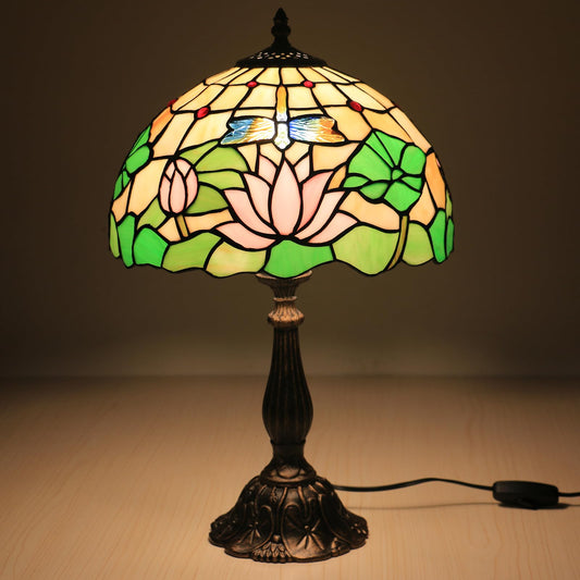 tuomoxte Tiffany Side Table Lamps for Living Room W/LED Bulb Lotus Flower Stained Glass Shade Bedside End Table Lamp 12X12X19Inch Desk Lamps for Home Office Classic Farmhouse Reading Table Lamps