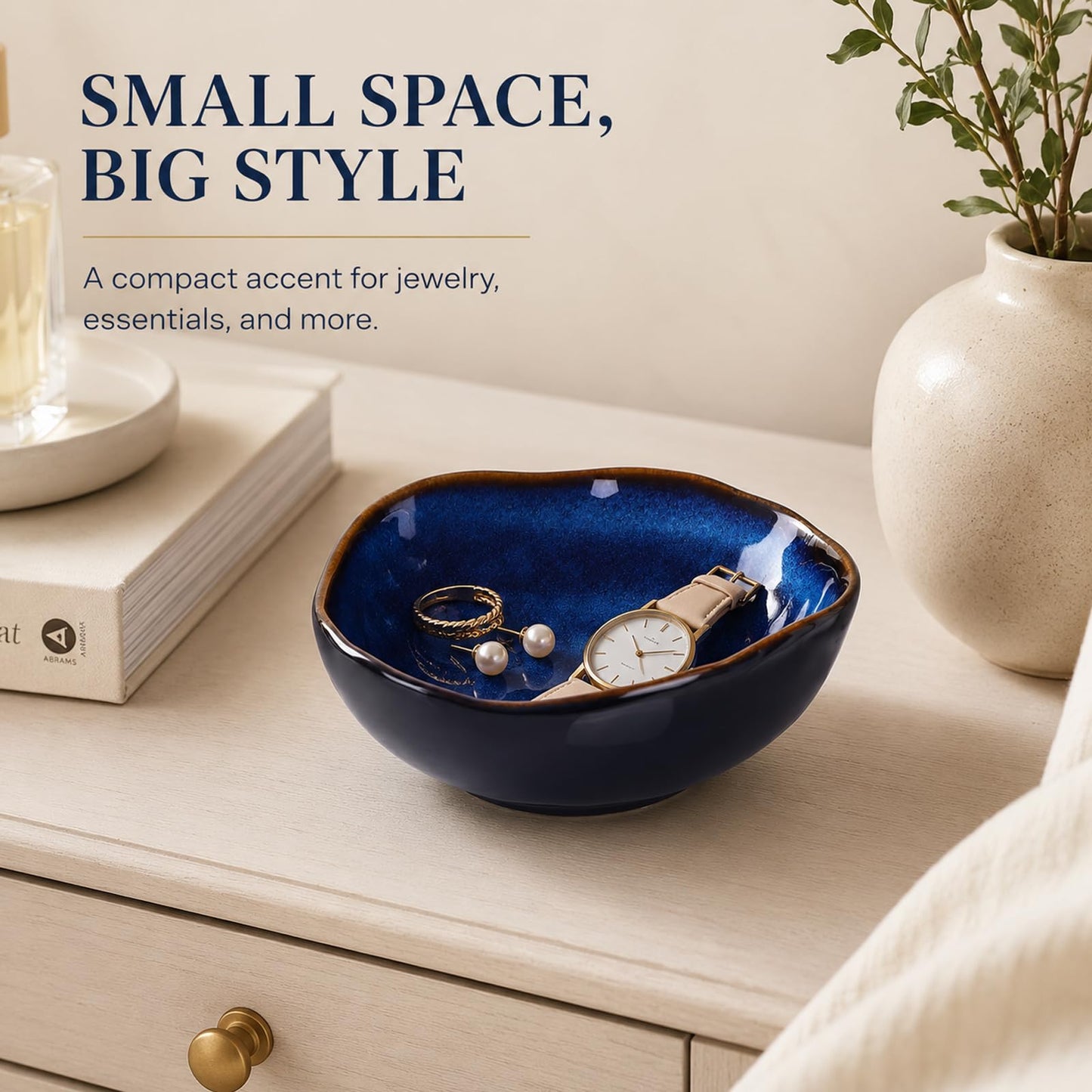 XIYOUQI 6" Blue Ceramic Decorative Bowl, Key Bowl for Entryway Table, Candy Dishes, Salad Bowl, Fruit Bowl for Kitchen Counter, Blue Small Jewelry Trinket Dish for Bedroom, Bedside Table, Living Room