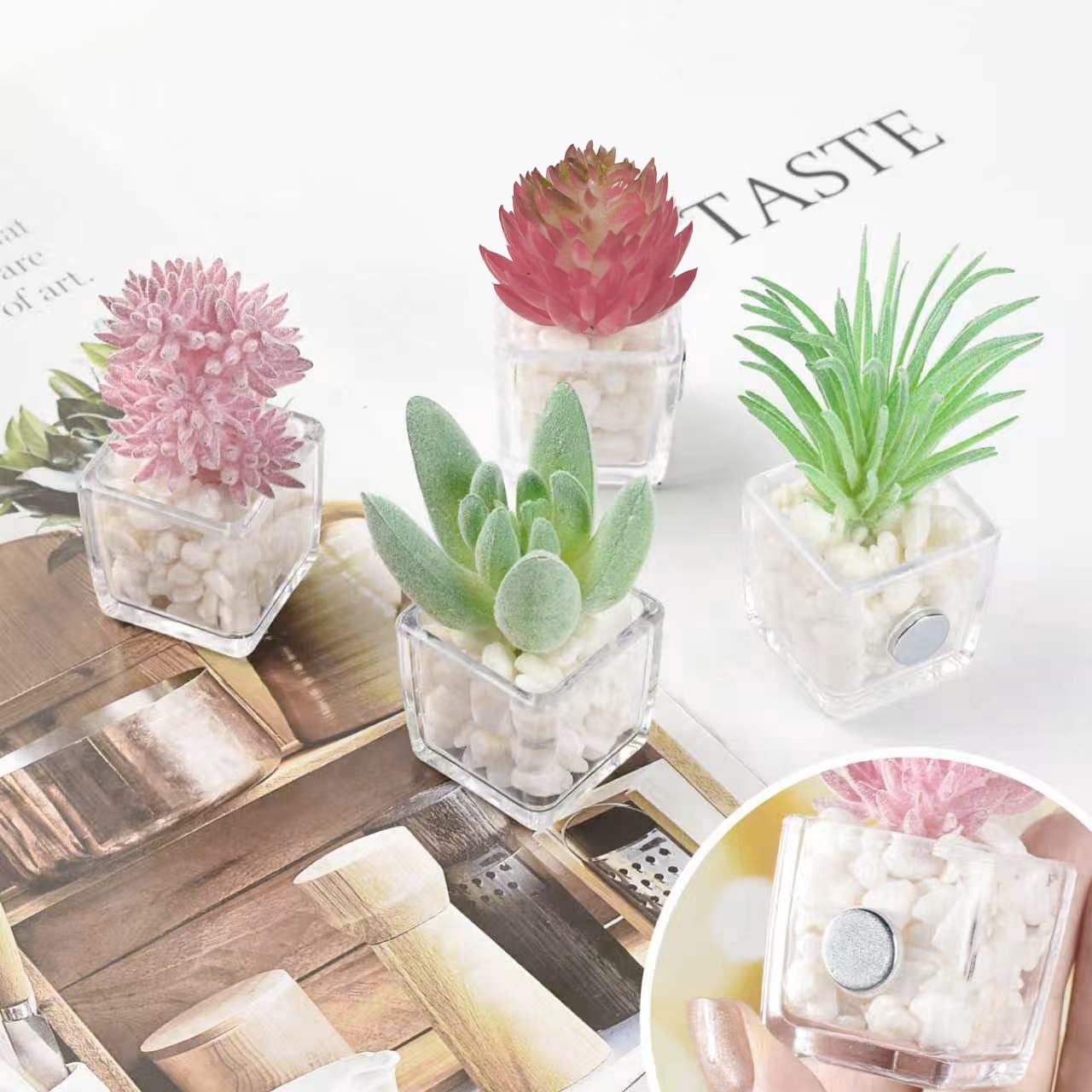 Luckforest Mini Artificial Succulent, 4 Pcs Lifelike Simulation Succulent with Pot Small Artificial Plants for Home Locker Kitchen Refrigerator Office Whiteboard Photography Props