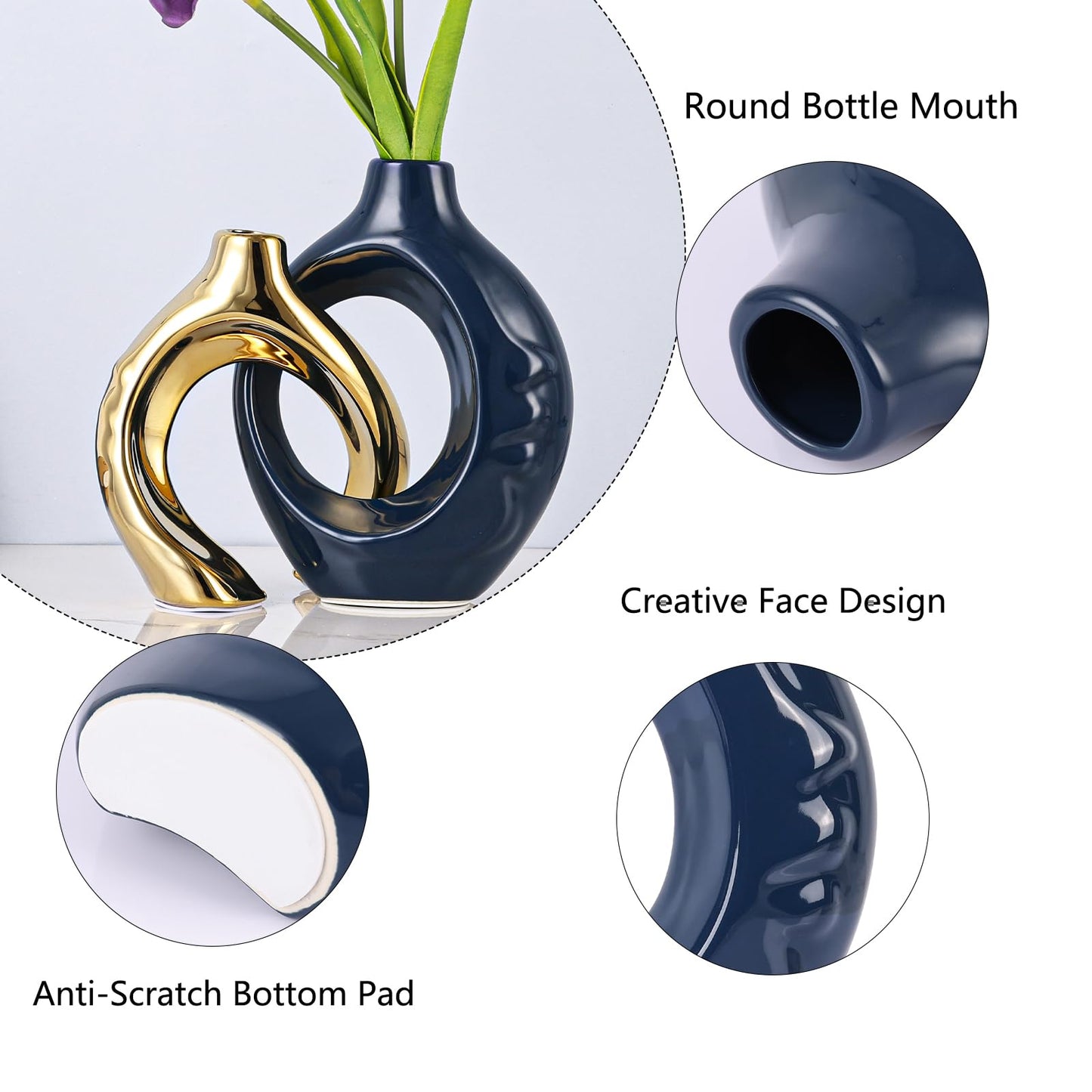 LCCCK Blue and Gold Ceramic Vases for Home Decor, Boho Vase for Flowers Pampas Grass Decorative, Navy Blue Hollow Donut Small Vase for Living Room Table Wedding Centerpiece Modern Vases