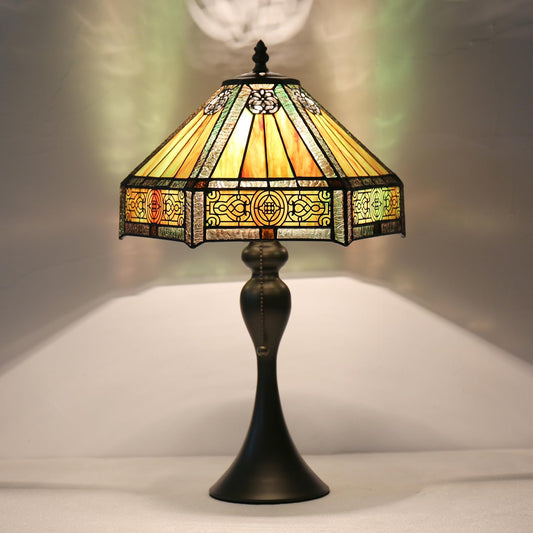 TFNALNB Tiffany Style Table Lamp, Stained Glass Lamp, 12x12x19 Inch, Vintage Metal Base Desk Light,（Amber）