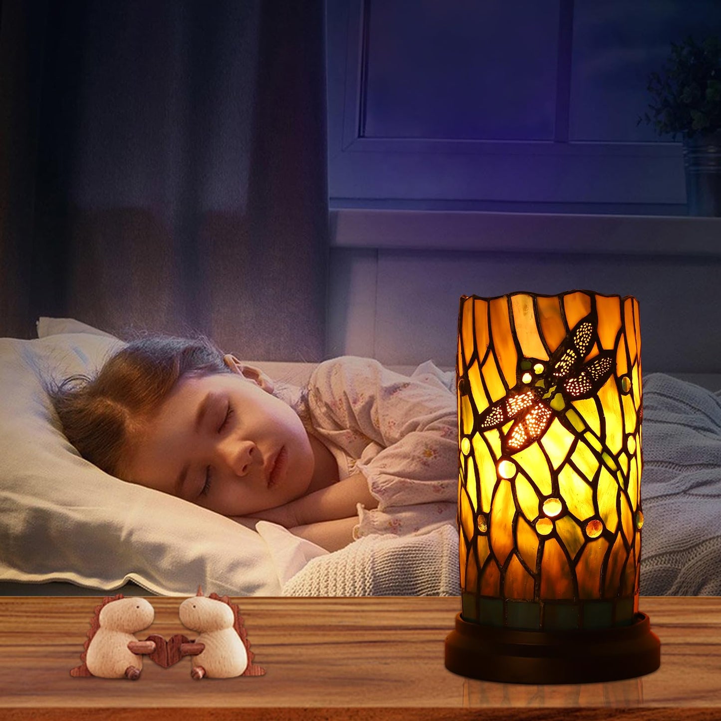 KALOUFUL Tiffany Style Table Lamp for Bedroom Baroque Stained Glass Nightstand Bedside Night Lamp Party Light Hand-Made Art Home Deco Christmas Gifts W/ 2 LED Bulbs (3 Color Temperatures+Flame Bulb)