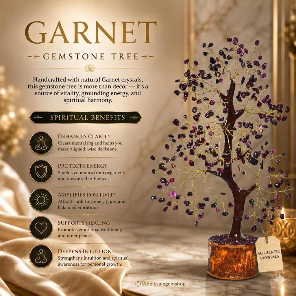 GEMSCITE Garnet Gemstone Tree Size 10-12" Handmade Feng Shui Figurine Money Bonsai Good Luck Reiki Healing Crystals - Golden Wire