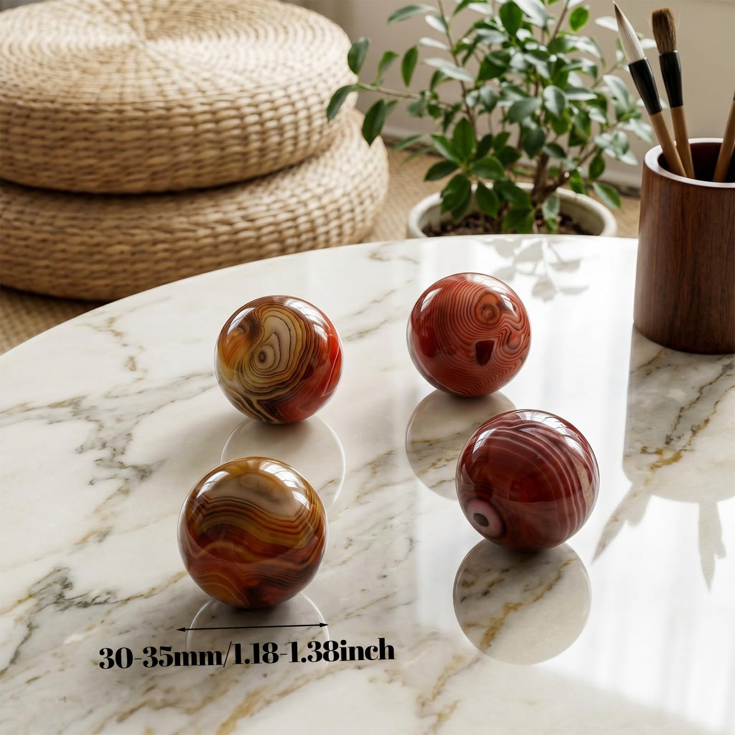 Whimsibelle 4 Pcs Natural Silk Agate Banded Balls Large Agate Crystal Sphere 30-35mm Tumbled Gems Stone Meditation Ball for Witchcraft and Decorative Balls, Meditation, Home Decor