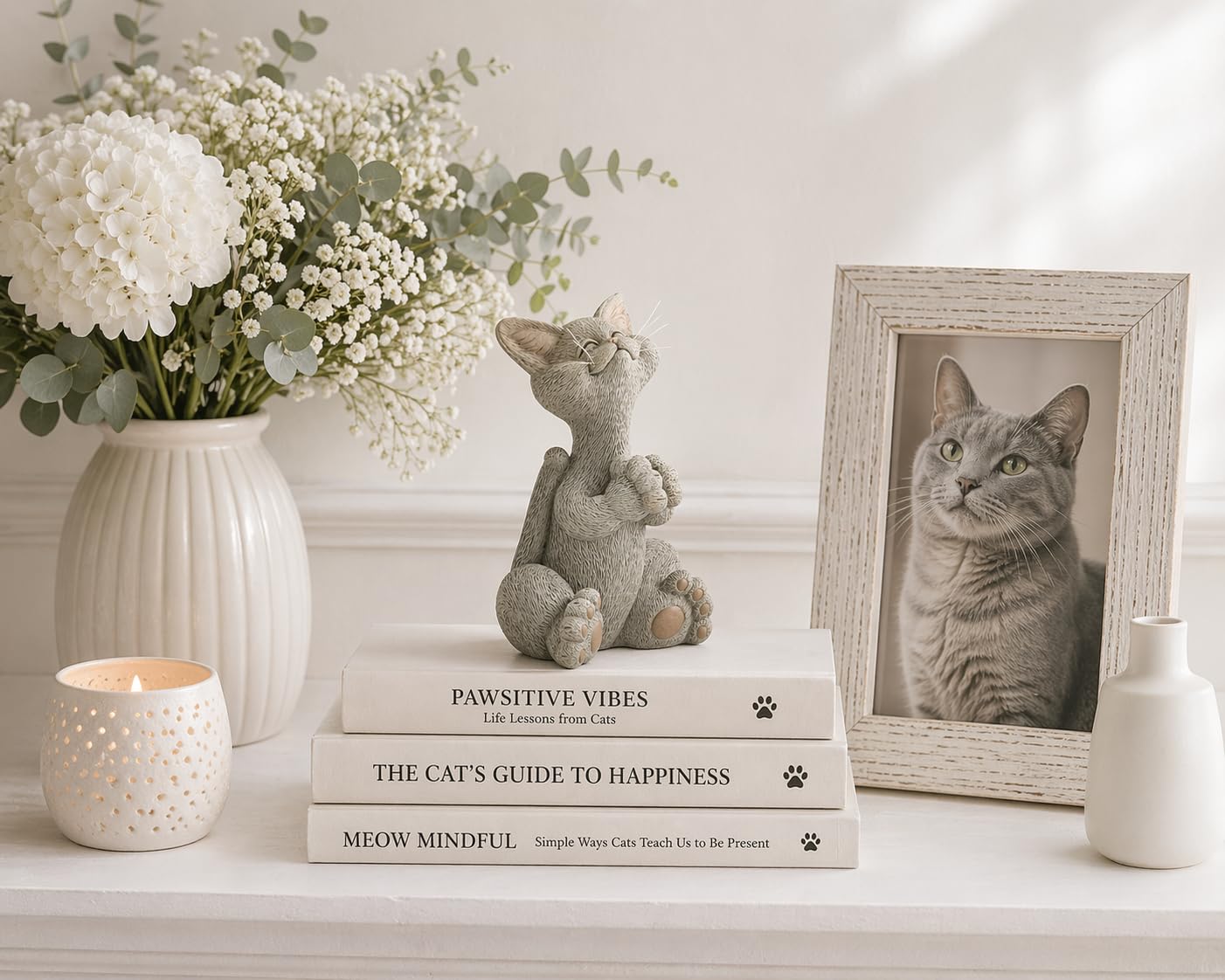 JFSM INC. Whimsical Grey Cat Praying Figurine, Resin Cat Statue, Cat Collectible, Home Decor Accent for Shelves, Mantels, Tables and Cat Lover Gifts