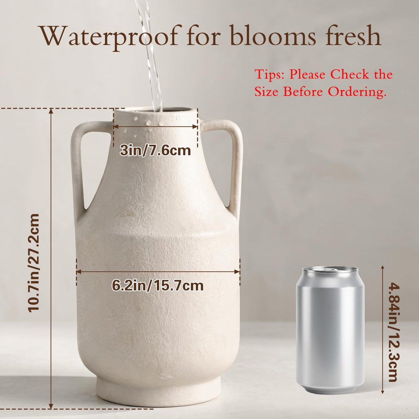 Ceramic Flower Vase with Handles, 11in Large Farmhouse Table Terracotta Vases, Waterproof Flower Pottery Vases for Home Decor, Living Room,Table, Handcrafted (Off-White)