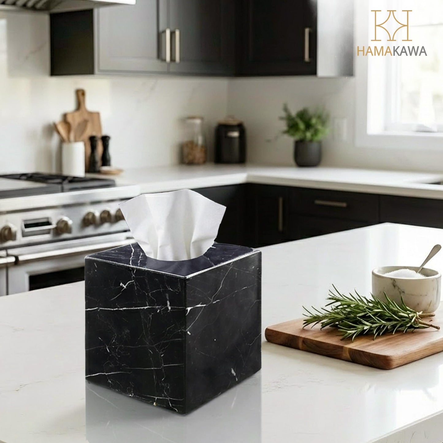 HAMAKAWA Natural Marble Tissue Box Cover, Black Tissue Organizer 6 x 6 x 5.7 inch, Heavy Stone Decorative Box, Square Tissue Box Holder for Home Decor, Kitchen, Bathroom, Bedroom