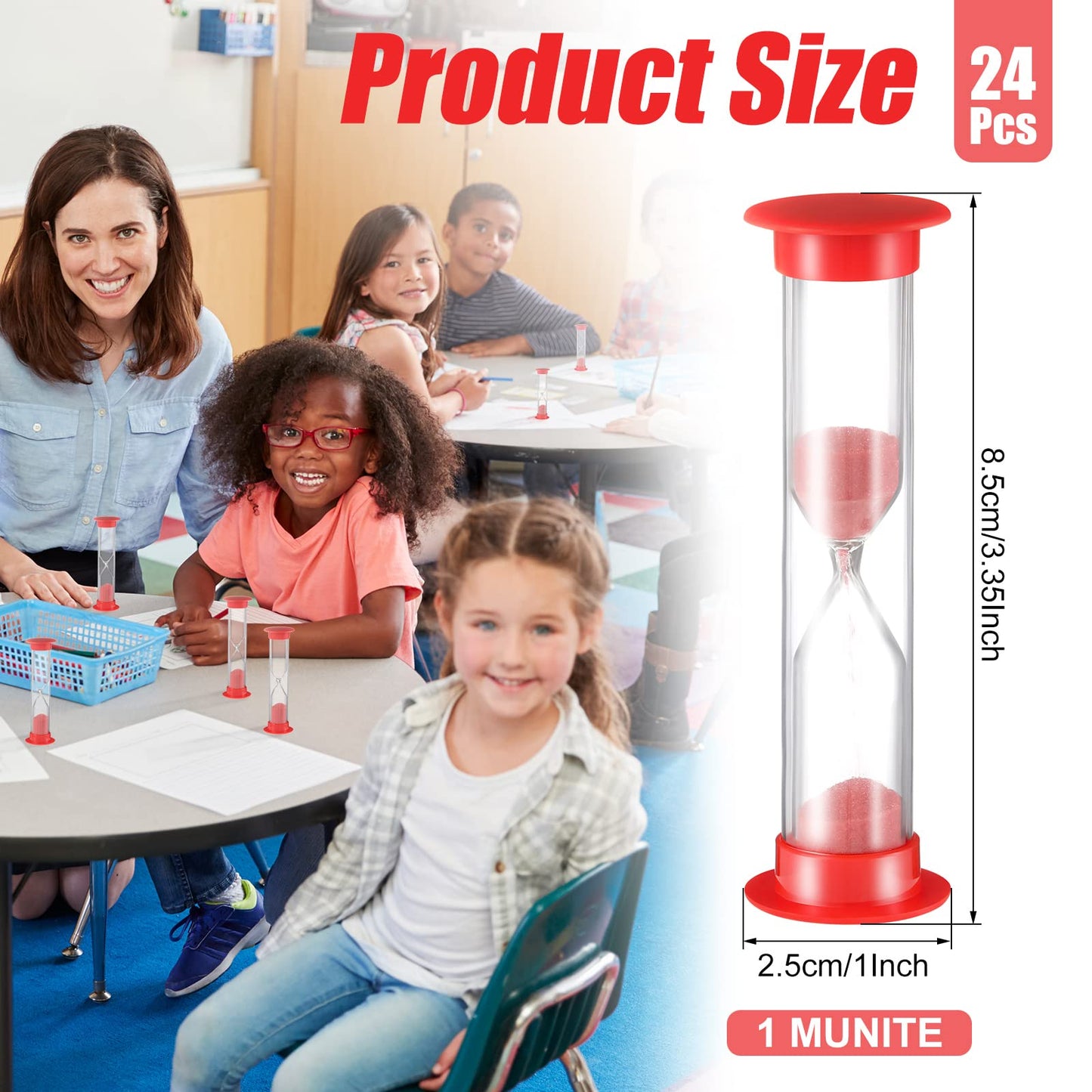 Geelin 24 Pcs 1 Minute Sand Timer Bulk Red Hourglass Kids Timer Sandglass Clock for Adult Kids Games Toothbrush One Minute Sand Clock Acrylic Covered Hourglass for Classroom School Home Kitchen Office