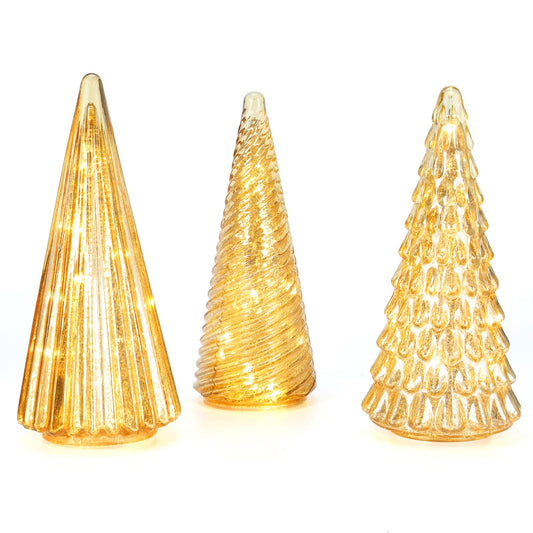 Table Top Christmas Tree Decorations with Fairy Lights,Gold Mercury Glass Finish, Holiday Table Centerpiece and Mantle Decor Set of 3 Assorted Trees