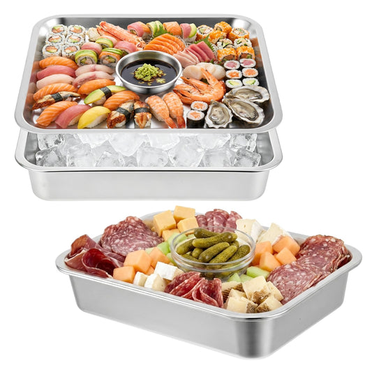 2 Set Stainless Steel Chilled Serving Tray with Compartments 15.7” x 11.8” Ice Chilled Tray Set for Parties Rectangle Veggie Platter Charcuterie Serving Board for Fruit Seafood Appetizer