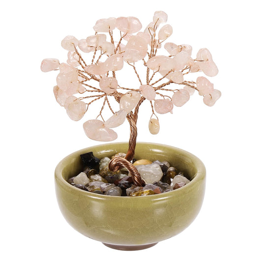 MECCANIXITY 7 Chakra Crystal Tree of Life, Natural Rose Crystal Gemstone Tree Handmade Feng Shui Bonsai with Agate Base for Positive Energy, Good Luck, Home Office Decor (4x2.4Inch Pink)