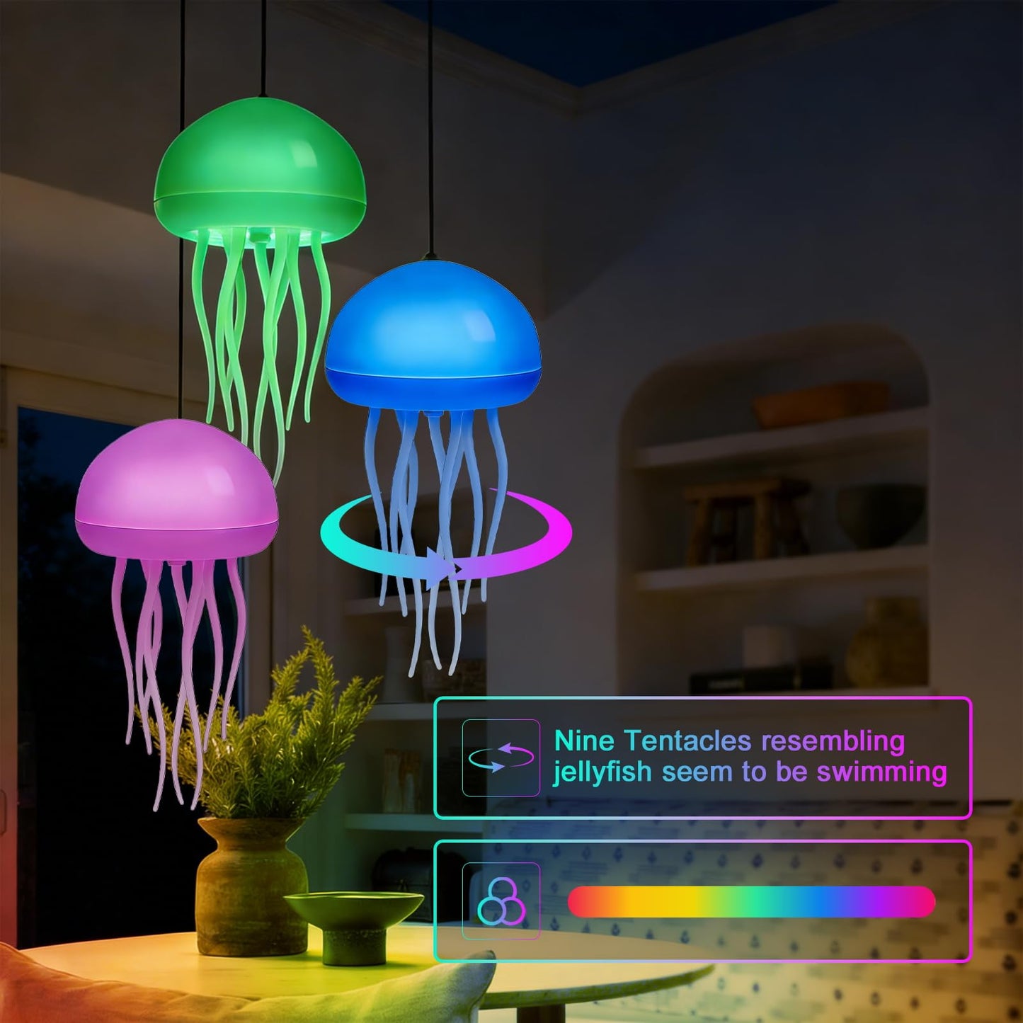 Jellyfish Lamp, Jellyfish Night Light with Touch Sensor, RGB Jellyfish Table Lamp, Rechargeable Jellyfish Bedside Lamp with Voice Control, Cute Desk Lamp for Bedrooms, Living Room (Hanging + Base)