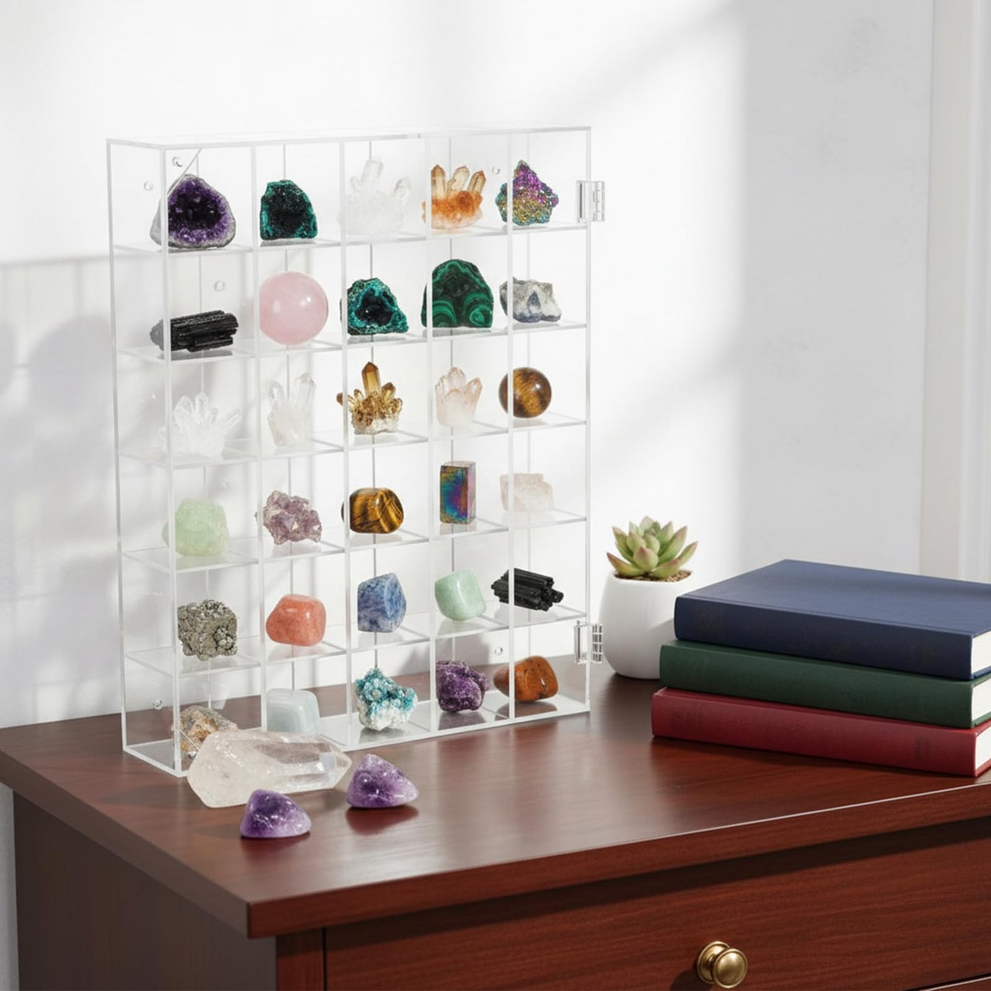 Oqqlin Adjustable Rock Display Case, 30 Grid Clear Acrylic Crystal Display Case with Lid Mineral Stones Collection Box for Rocks, Gemstones, Collectibles