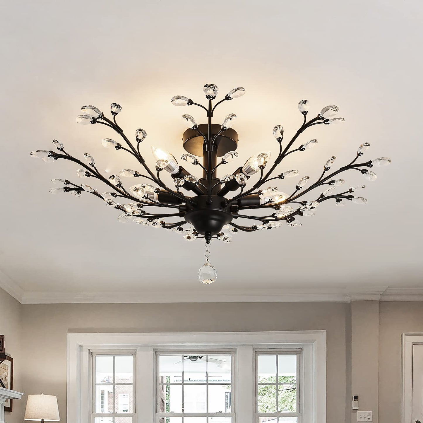 CVKASH 5 - Light Vintage Small Crystal Chandelier Modern Semi Flush Mount Ceiling Light Fixture Chandelier Lighting for Kitchen Bedroom Living Room Dining Room Hallway Foyer（Black）
