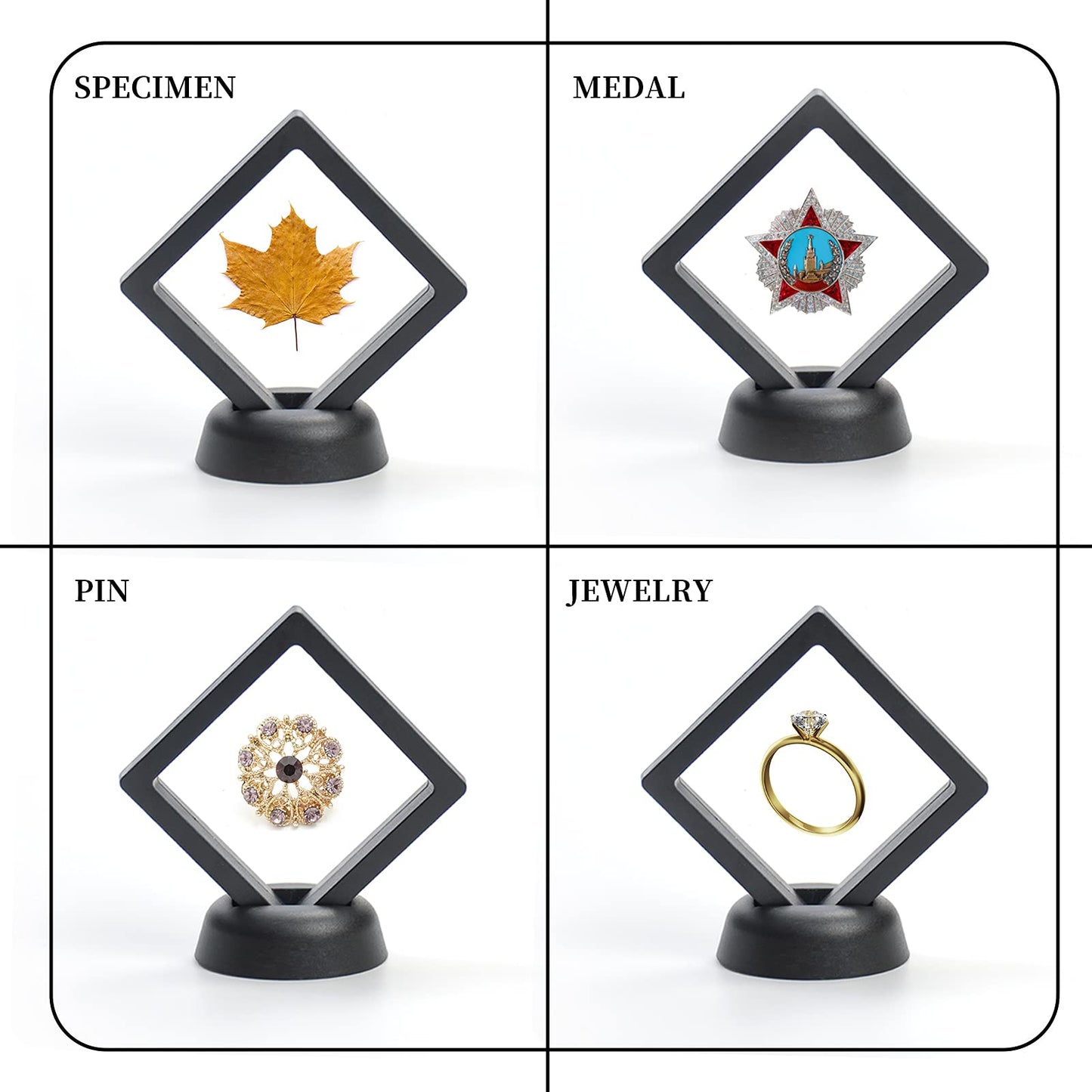 KMOTASUO 3D Floating Display Case, Transparent Film 3D Floating Coin Display Frame Holder Stands for Challenge Coin AA Medallions Jewerly Fossils Rocks, 2.75 x 2.75 x 0.75 Inches (Black-12Pcs)