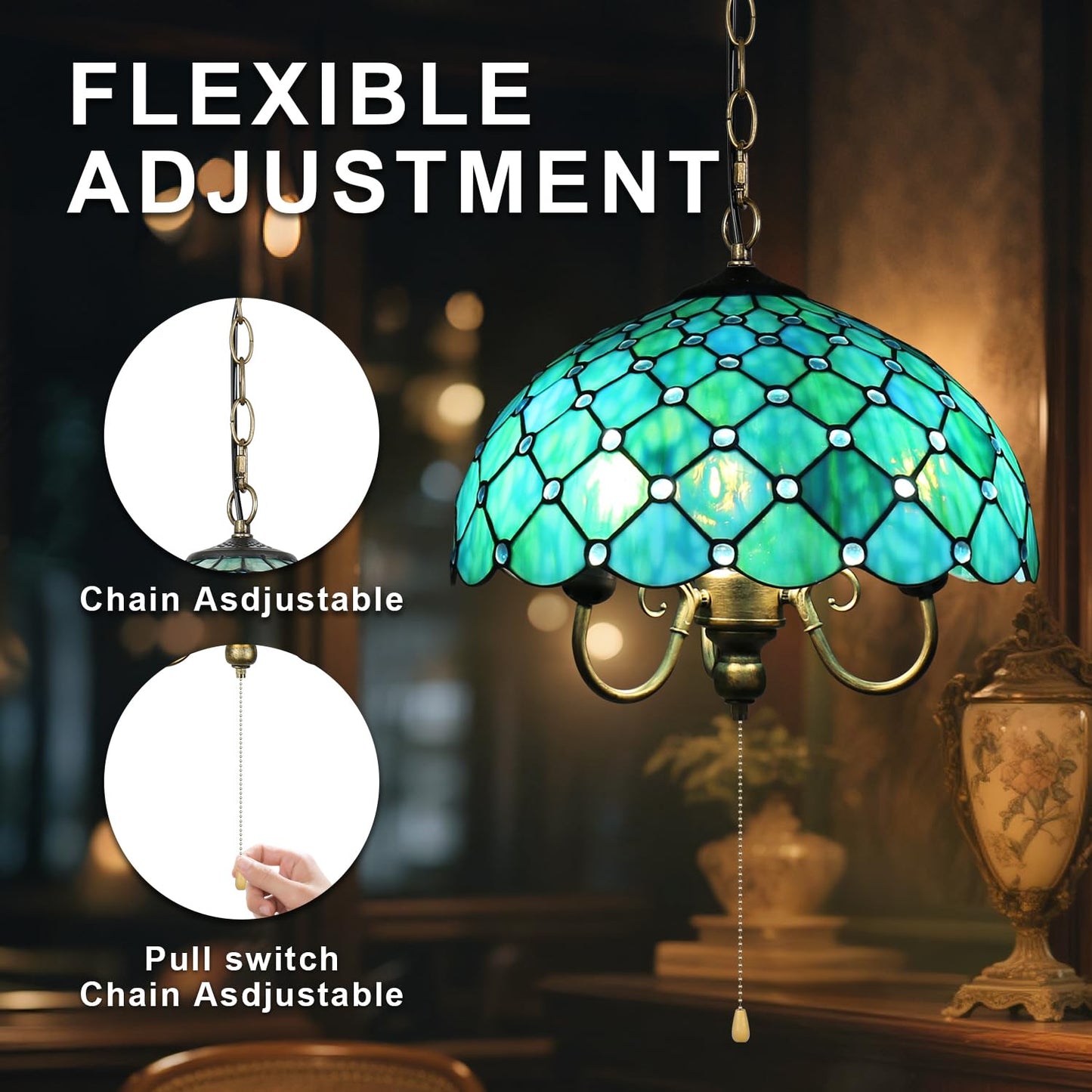 TFNTCYG Tiffany Pendant Light, Sea Blue Pearl Style Stained Glass Lamp, 16'' Wide 3-Light Inverted Ceiling Pendant Lights for Living Dining Room Kitchen Bedroom Entryway