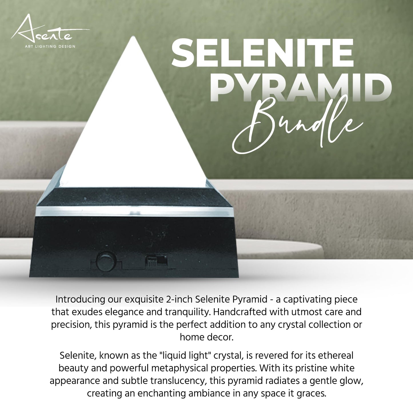 ASENTE 2-Inch Selenite Pyramid w/Mirror Top Lighted Base - Positive Energy Pyramid with LED Light Base - Healing Pyramid Crystal for Meditation and Reiki - Stone Pyramid w/Glass Lighted Platform