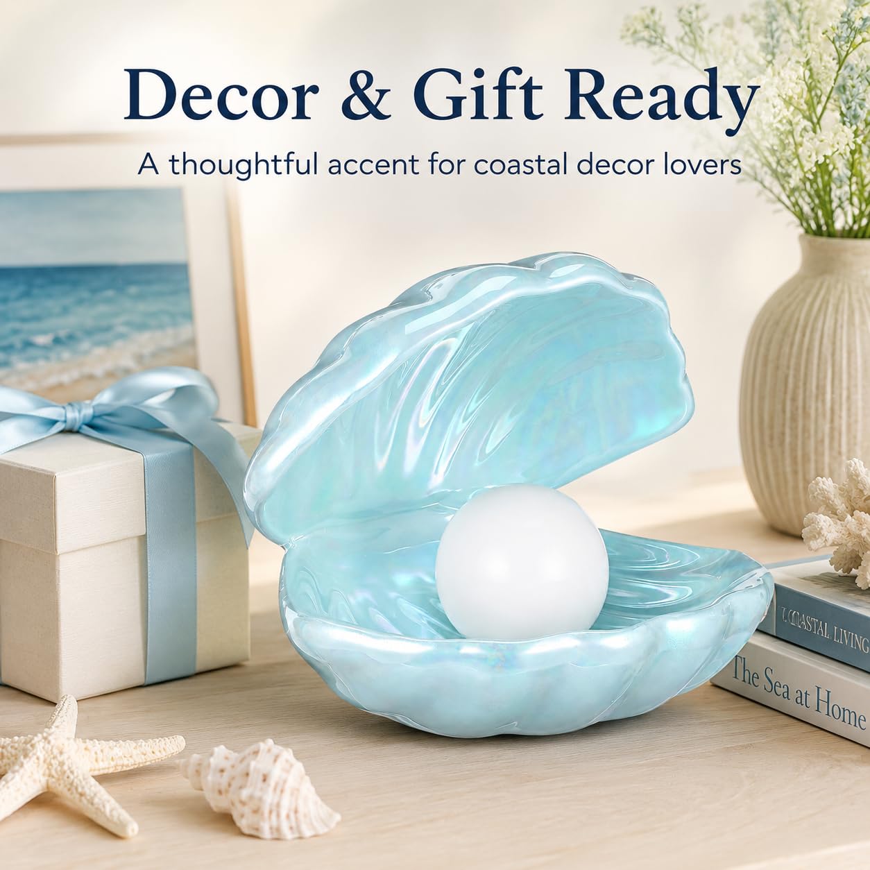 IMIKEYA Shell Pearl Light, LED Ceramic Pearl in Shell Night Light Desktop Portable Ocean-Inspired Seashell Lamp for Bedroom Home Decor, Blue