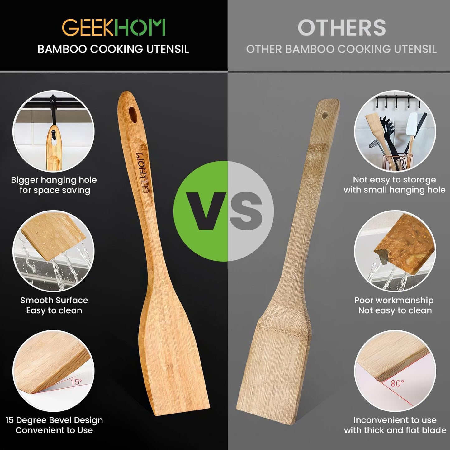 GEEKHOM Slotted Wooden Spurtle Bamboo Turners : 13 Inch Long Handle for Sourdough Starter, Mixing Reaching Jar Bottom, Nonstick Cookware 2 Pack