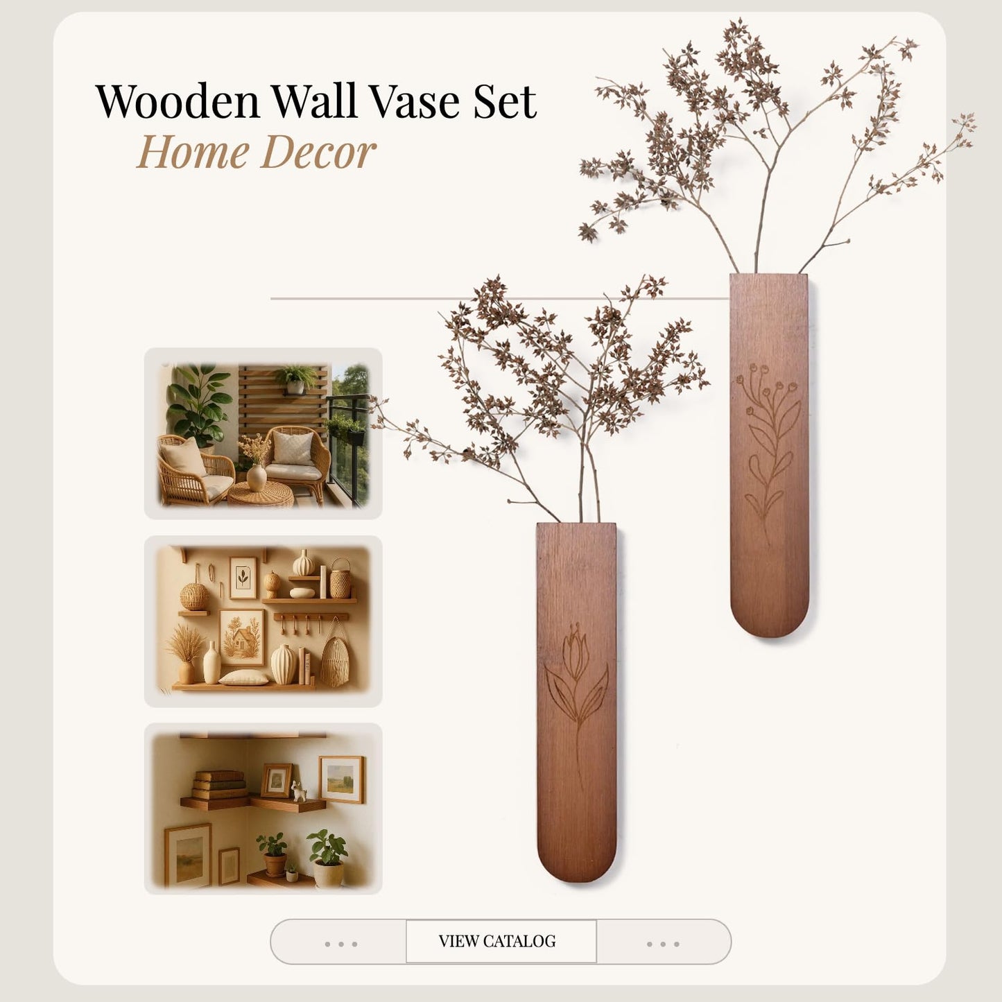 Wood Wall Vase Set of 2, 11.6 x 2.52 x 1.37 inch for Dried Flowers and Faux Greenery Plants for Bathroom,Kitchen,Farmhouse,Dining Room Wall Decor （Brown