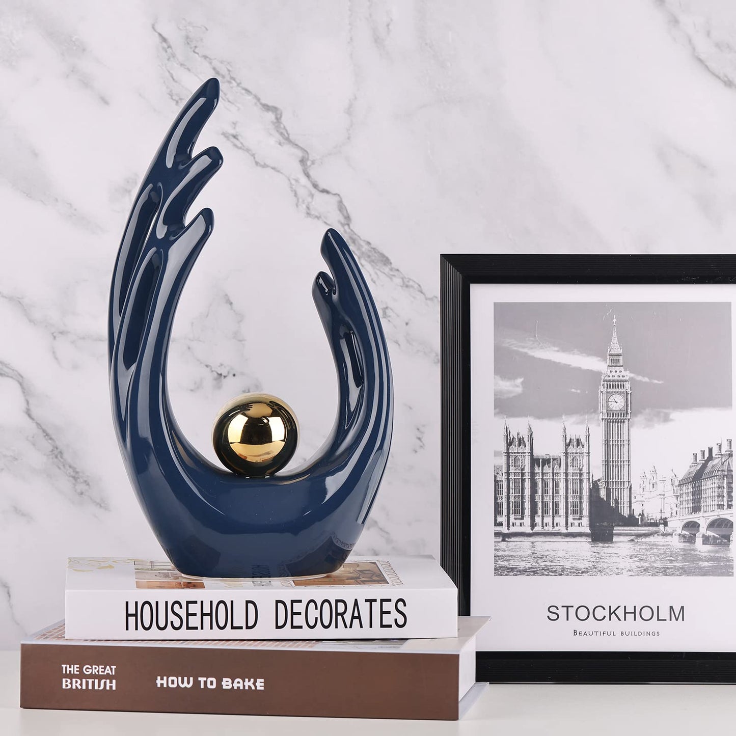 LCCCK 12" H Navy Blue Aesthetic Room Decor Accent, TV Stand Funky Table Centerpiece, Abstract Art Ceramic Statue and Sculpture, Blue Decor for Living Room, Bookshelf Decorative Objects, Shelf Decor