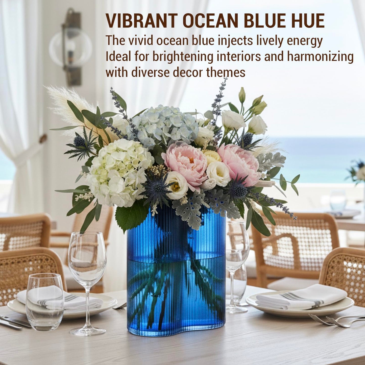 MyGift Blue Glass Flower Vase, Modern Fluted Ocean Blue, Artistic Organic Wavy Design for Floral Arrangements, Tabletop, Shelf & Centerpiece Home Décor