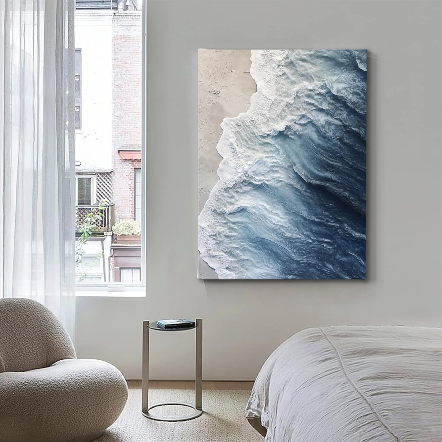 Navy Blue Beach Canvas Wall Art Coastal Abstract Beach Poster Sea Wave Picture Nature Ocean Wall Art Abstract Summer Coastal Posters Blue Landscape Picture Nature Sea Scene Painting (16x24inch Framed)