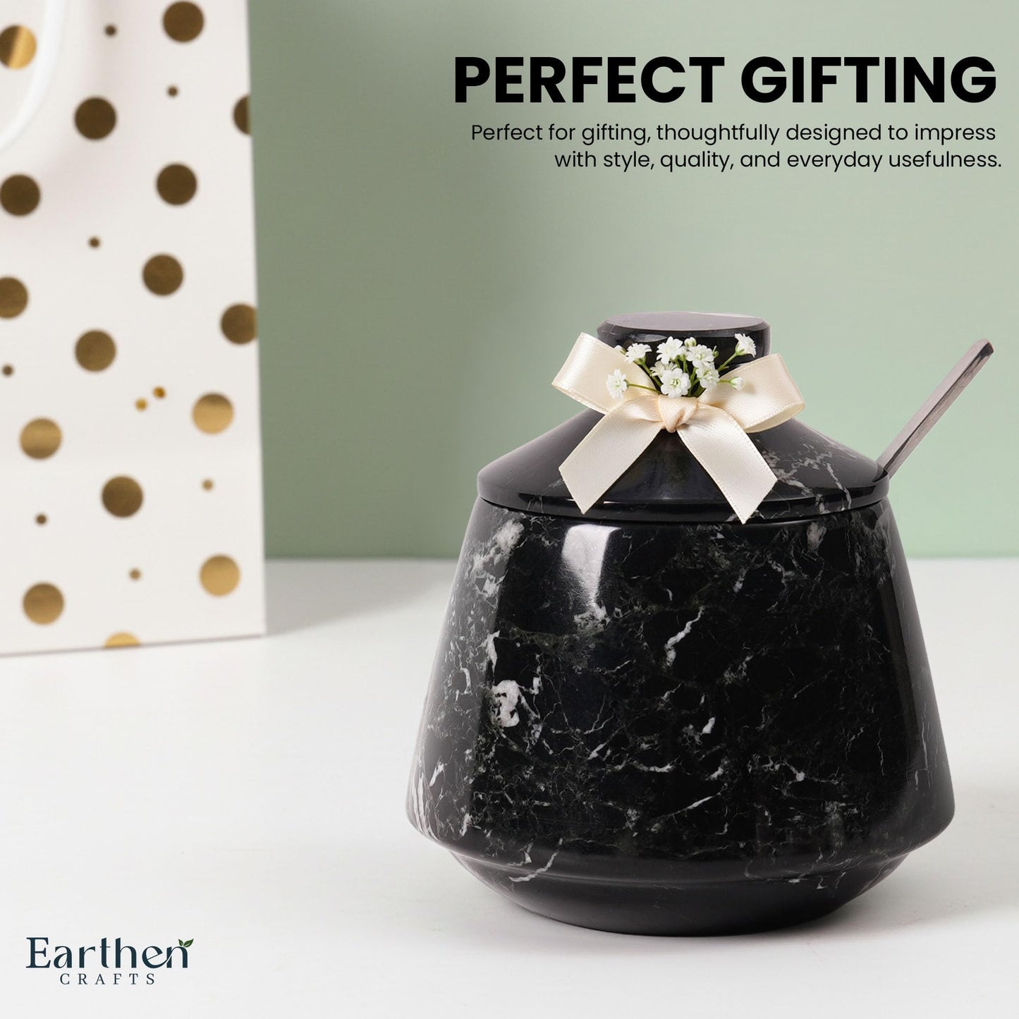 EARTHEN CRAFTS Marble Salt Cellar With Lid & Spoon Black 4" Inch Handmade Salt Holder Stone Salt Storage Seasoning Container, Sugar Bowl, Salt Dish, Salt Box & Spice Jar for Kitchen Countertop