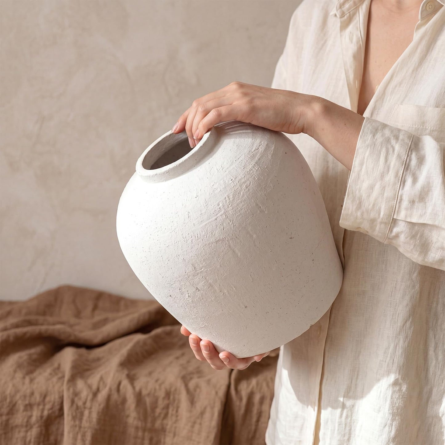Jaxoriel Large White Ceramic Vase - 10.6 Inch Rustic Farmhouse Flower Vase for Home Decor, Minimalist Tall Vases for Living Room, Dining Room, Holiday & Weddings (White-Base 9.05'')