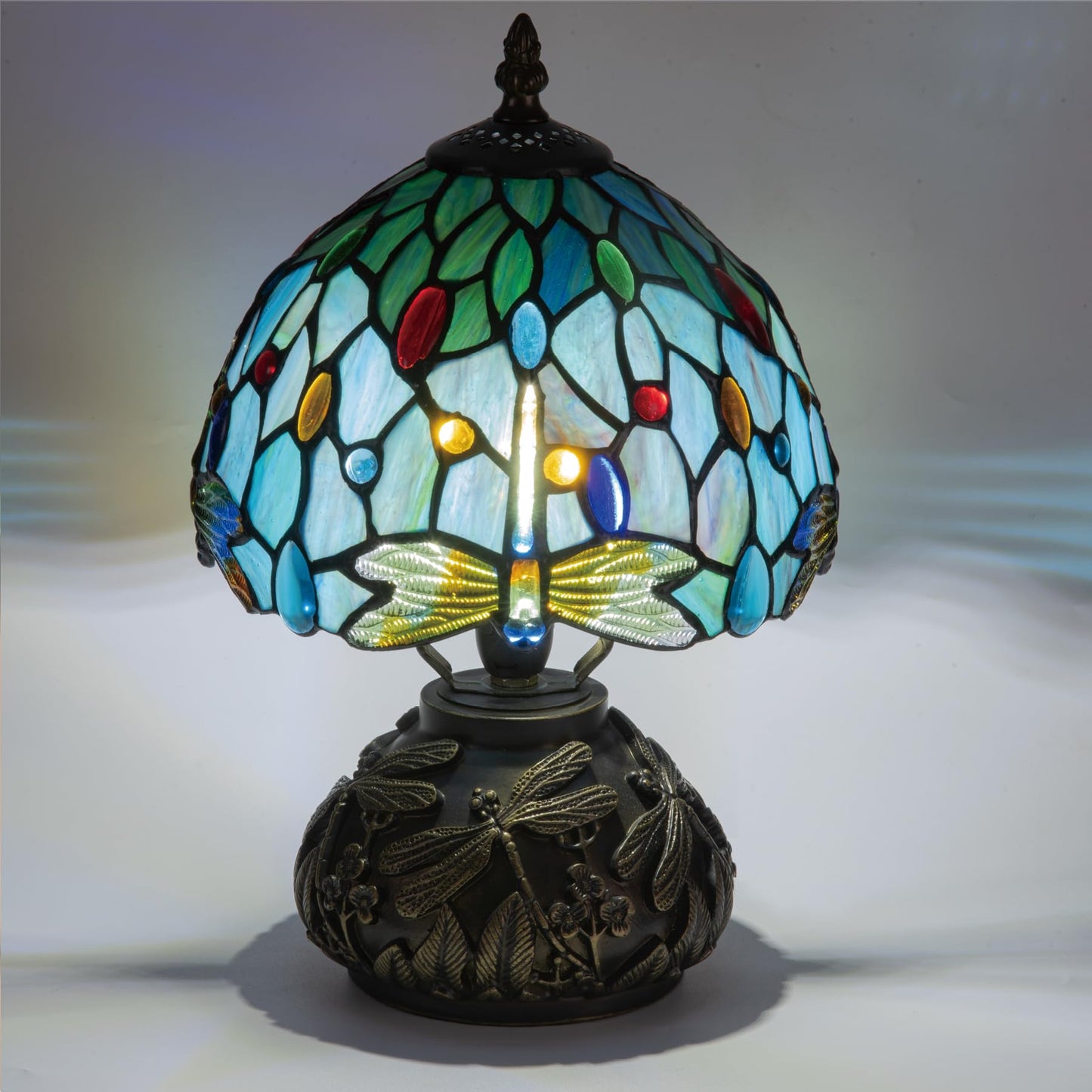 Msrzuds Tiffany Style Stained Glass Mushroom Bedside Table Lamp 8-inch Green Blue Dragonfly Beautiful Shade Nightstand Light for Bedroom Dorm Living Hallway Coffee Table Home Office Housewarming Gift