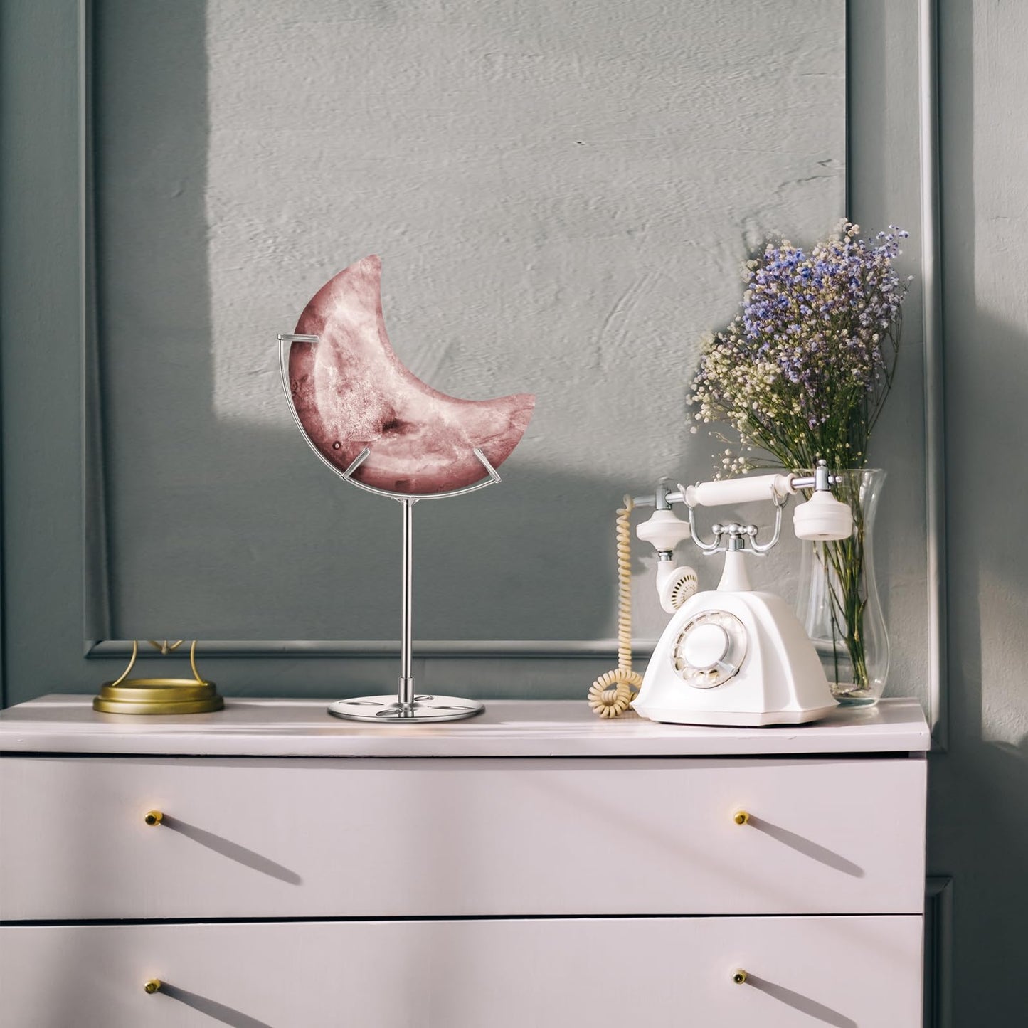 Moxweyeni 2 Pcs Crystal Moon Stand Adjustable Metal Crystal Display Holder Moon Shaped Small Display Easel Stands for Gemstones Geodes Mineral Agate Home Office Decor