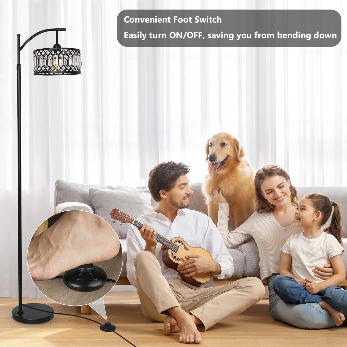 Crystal Floor Lamps for Living Room, Modern Arc Floor Lamp, Black Standing Lamp with Edison Bulb, Height Adjustable Tall Lamp for Bedroom, Corner Stand Up Lamp for Office, Arched Reading Light