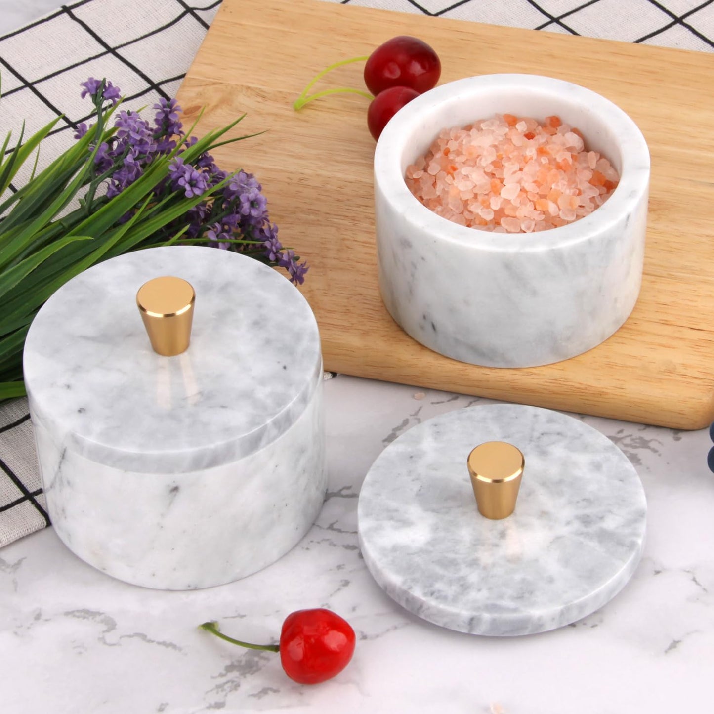 Stonemanus Marble Salt Cellar with Lid, 4 inch Natural Stone Salt Pepper Box, Alloy Lid for Kitchen Countertop Storage (White Grey, 4 * 3.5)