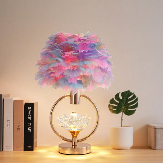 ZYLEISENBAO Colorful Feather Lamp 17IN Unique Crystal Feather Bedside Nightstand Lamp Nordic Romantic Desk Light Fluffy Table Lamp for Girl Bedroom Wedding Christmas Gift Deco Living Room Entry
