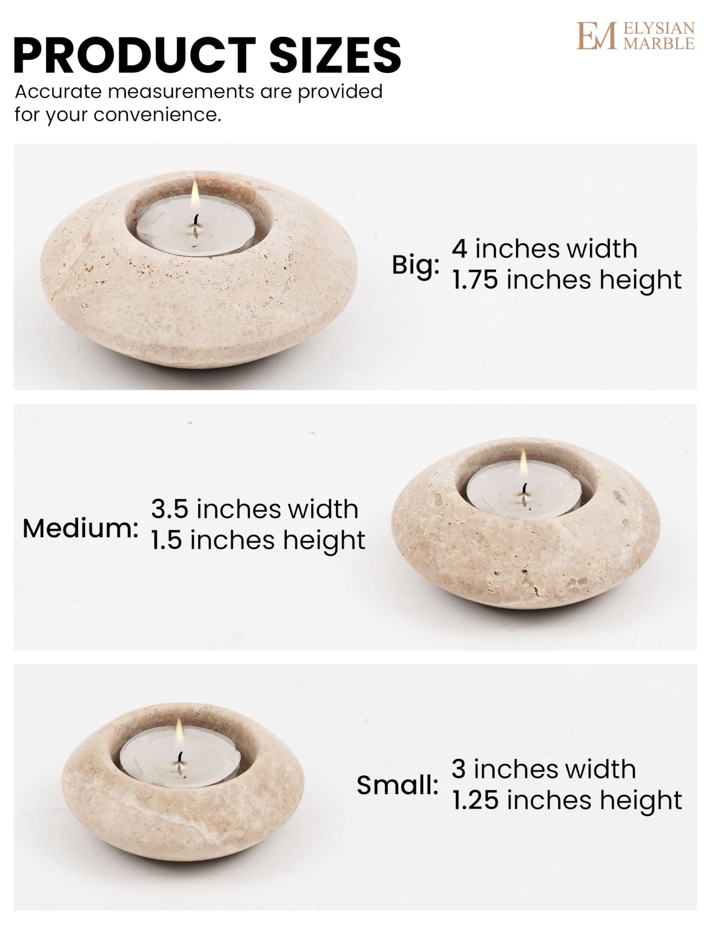 Tea Light Candle Holders Set of 3 – Handcrafted Natural Marble Tealight & Votive Holders in Graduated Sizes (4", 3.5", 3"), Decorative Stone Candle Holders for Home Décor & Table Centerpieces