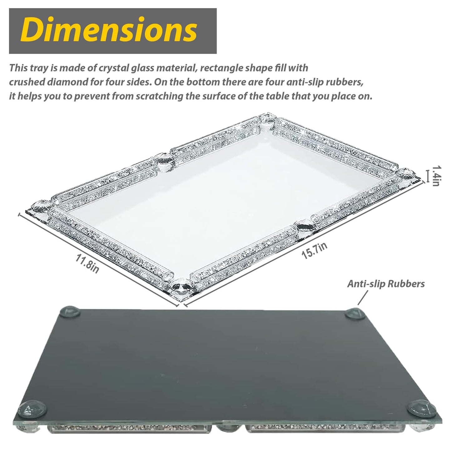 Large Silver Mirror Crystal Perfume Tray, Crushed Diamond Filled Glass Vanity Jewelry Trinket Trays, Cosmetic Makeup Vanity Organizer, for Home Decorative, Party, Hotel Banquet, 15.7" x 11.8"