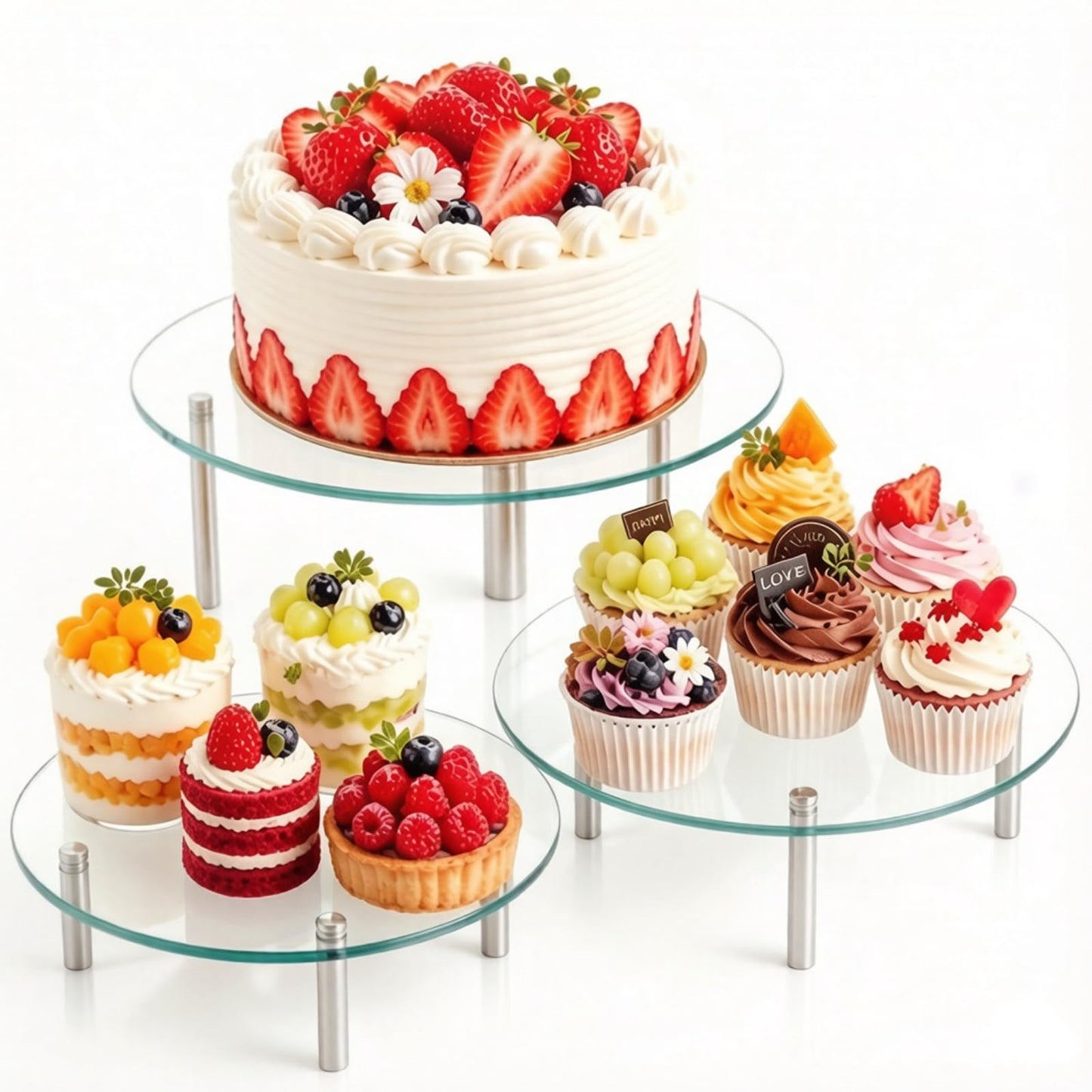Hacaroa 3 Pcs Tempered Glass Cupcake Stands for Party, 9,11,12.6 Inch Round Food Display Stand Clear Retail Risers for Cakes, Desserts, Pastries, Appetizers