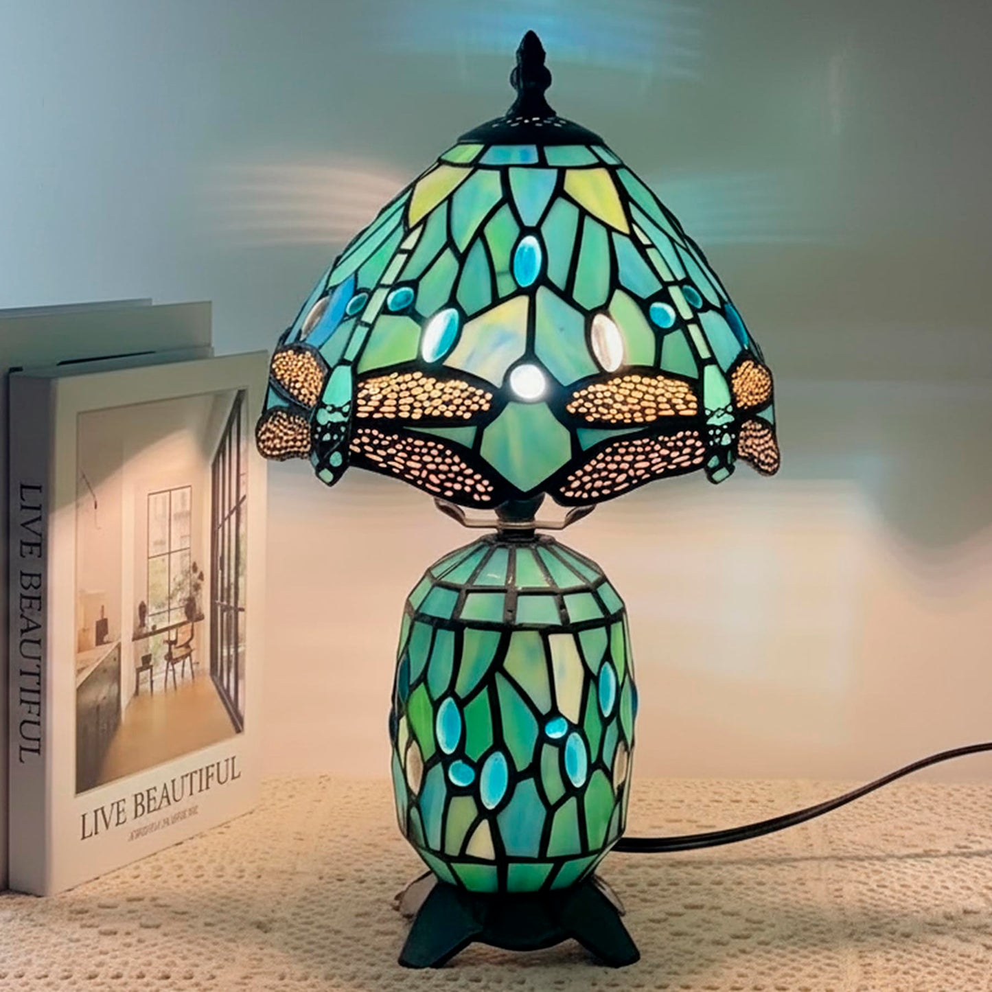 TCODTPOL Tiffany Stained Glass Table Lamp 8X14 Inches (Sea Blue Dragonfly)