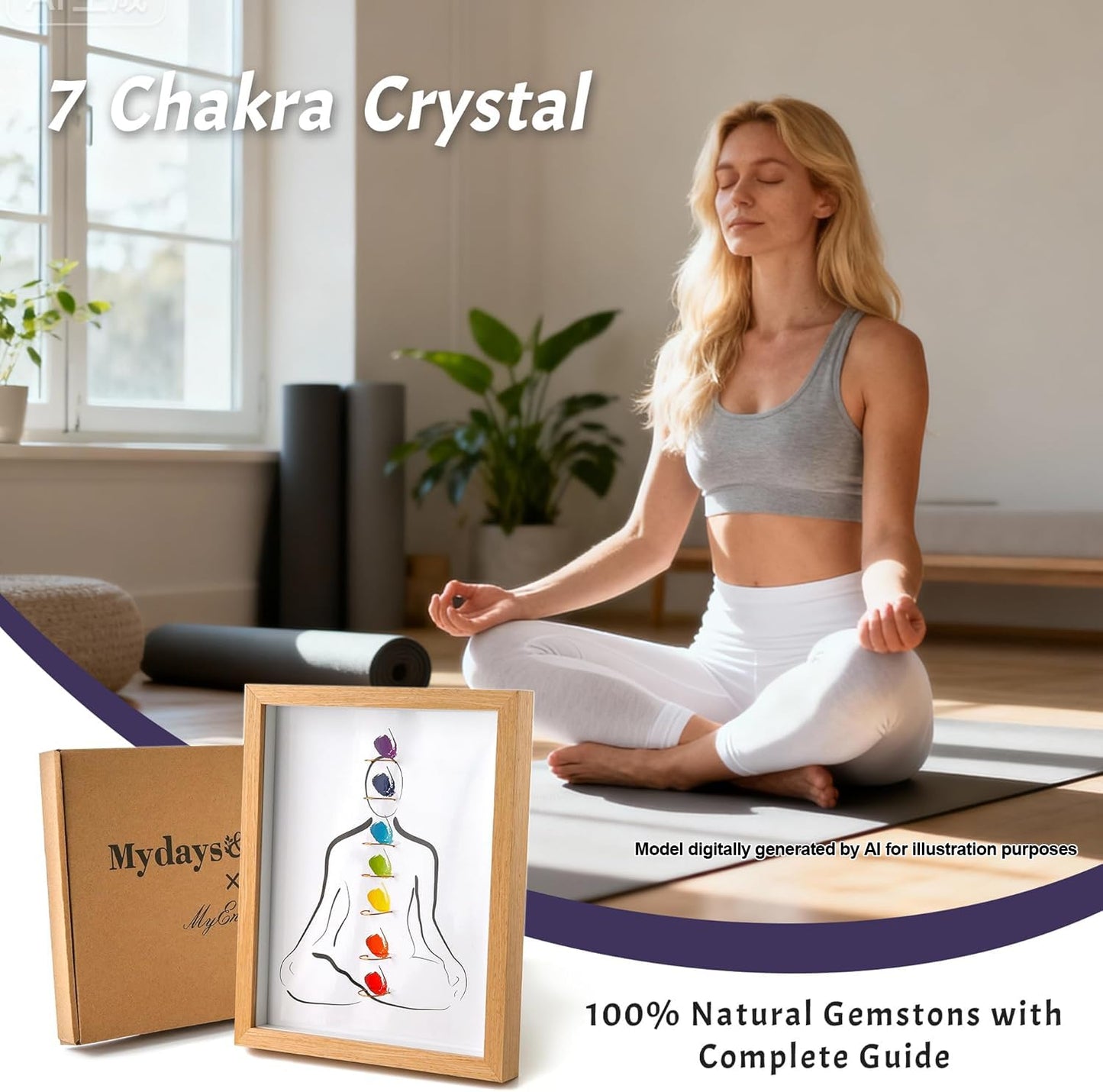 MYDAYS&DESIGN Premium 7 Chakras Healing Crystal Stones Frame, for Home Decor, Office Desk Decor, Reiki Meditation Yoga Decor, Good Luck Birthday Gifts for Women, Mom