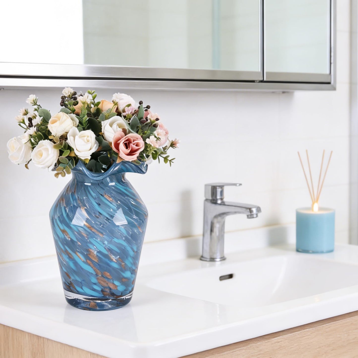 11in Blue Hand Blown Large Glass Vase - High-Waisted Rhombus Ruffle | Vases Home Decor, Blown Glass Centerpiece for Dining Room Table, Decorative Glass Flower Vase for Living Room Wedding (S)