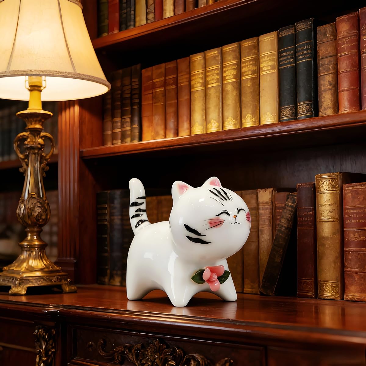RiJinDuoJin Handmade Ceramic Cat Figurine, Cute Lucky Healing Cat Themed Decorative for Cat Lovers, Ideal for Desk, Bookshelf, Nightstand & Home Decor, for Mother’s Day, Easter, Birthday, Men & Women