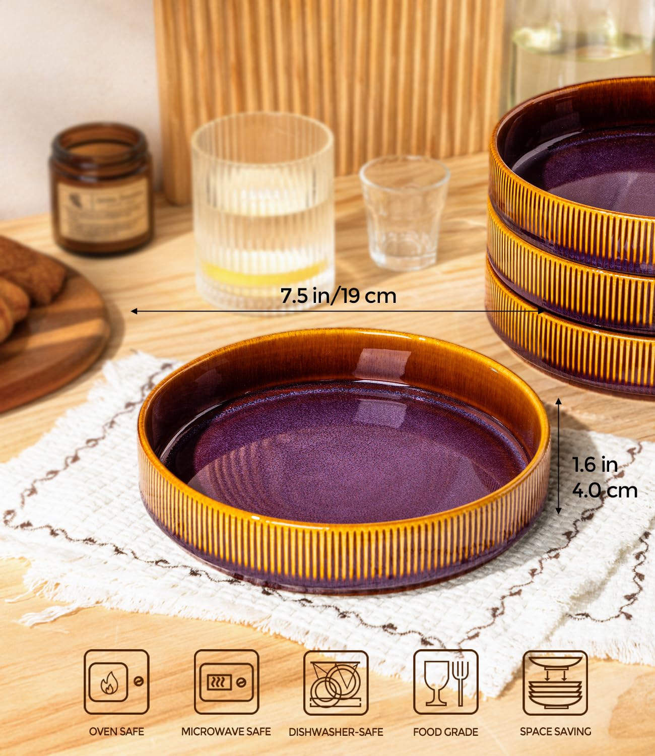 theterra 7.5'' Ceramic Pasta Bowls, Salad Bowls Set of 4, Stoneware Serving Bowls for Fruits, Noodle, Dinner, House-warming Wedding Present, Amber Amethyst