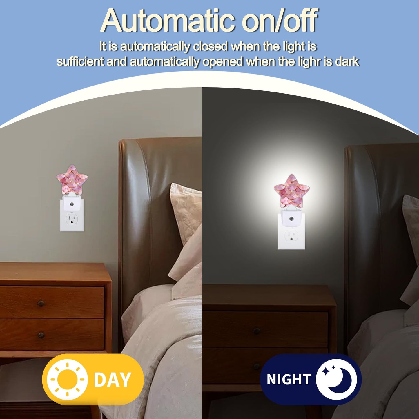 Pink Mermaid Night Light,Fish Scales Marble Plug-in Star Night Lights with Dusk-to-Dawn Sensor for Bedroom,Bathroom,Living Room Sleep Friendly Lamp for Women Girls Boys Gift,0.5W