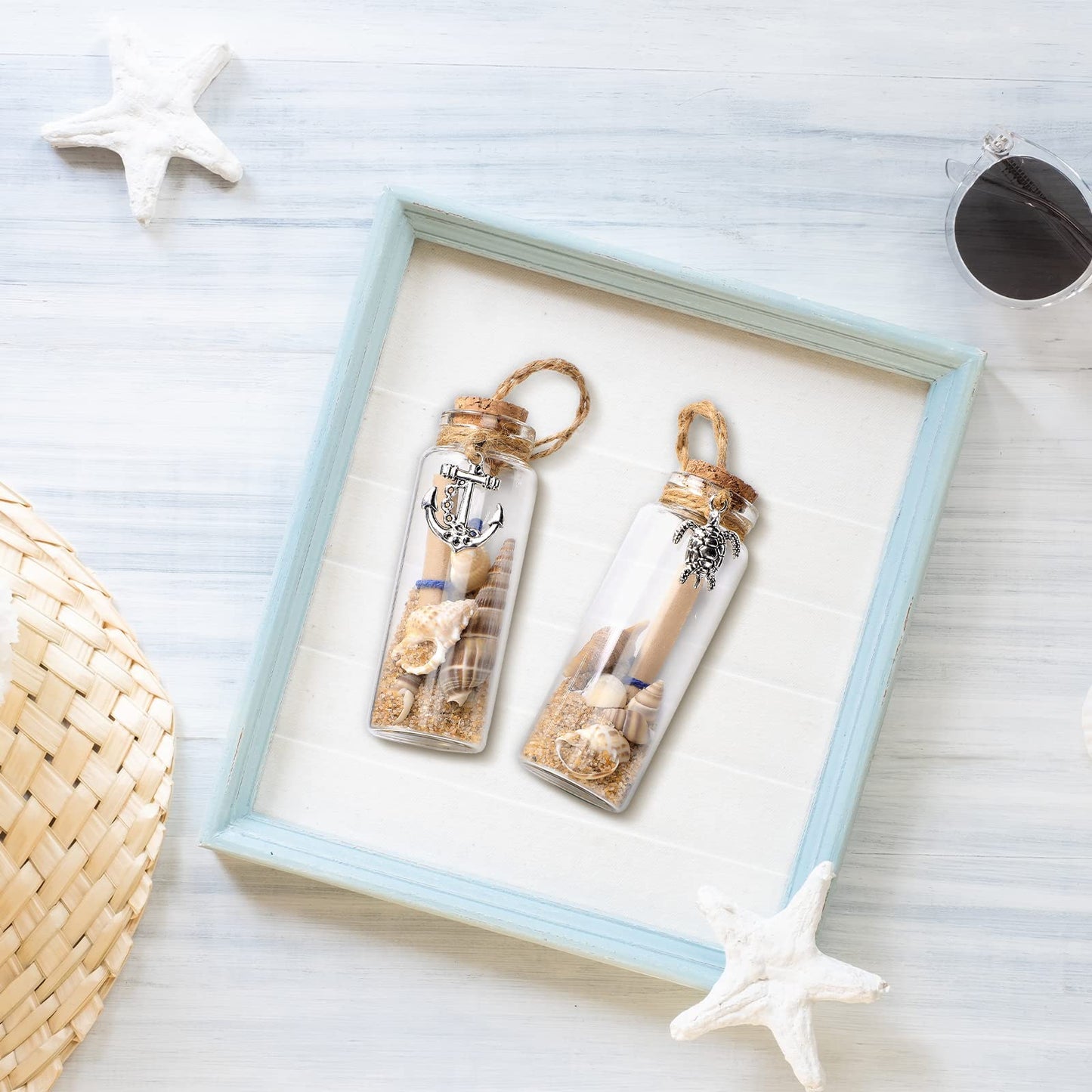 Qunclay 6 Pcs Coastal Beach Ornaments Nautical Glass Message Bottle Christmas Ocean Sand Jar Hanging Ornaments Decorations with Seashell for Home Xmas Tree Wedding Baby Shower Party Favors