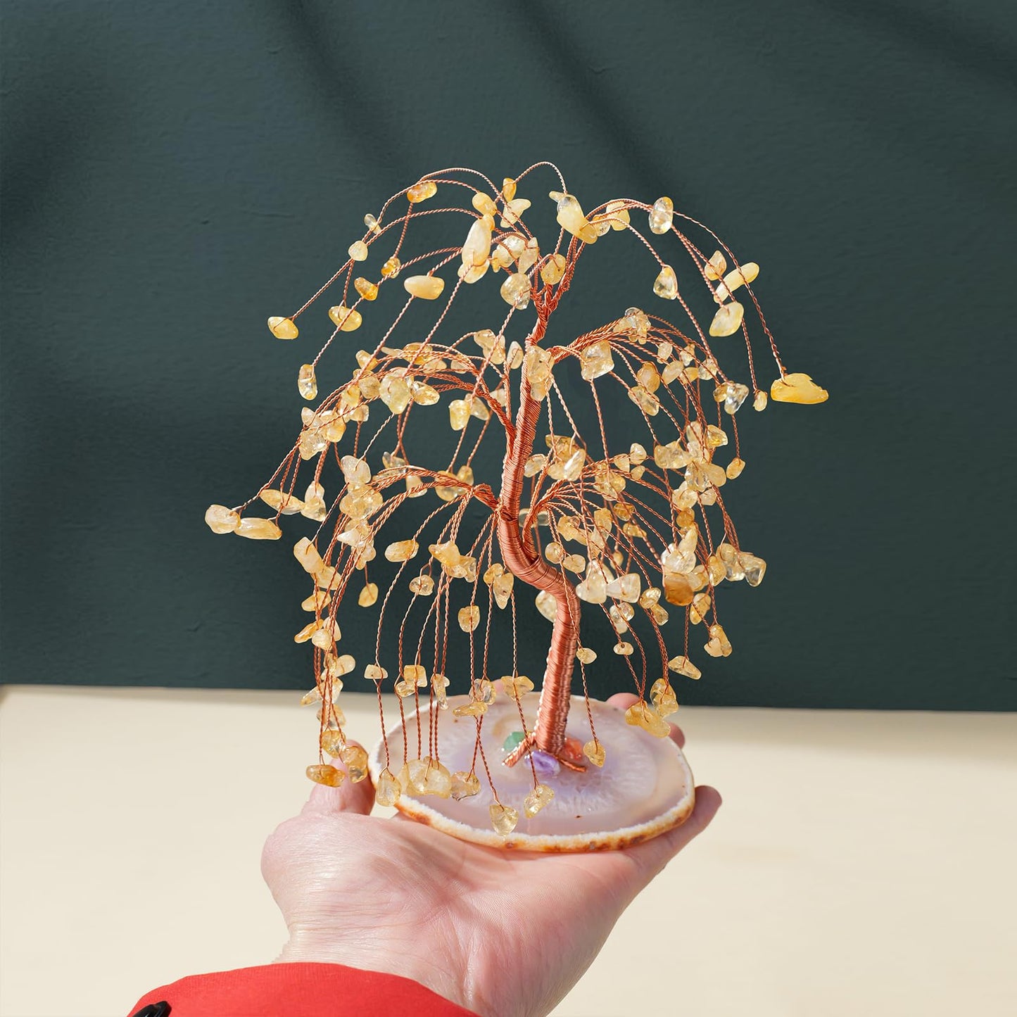 Runyangshi Chakra Crystal Tree of Life Handmade with Copper Wire - 7-8" Natural Healing Crystal Willow Tree Geode Agate Slices Base for Home Decor, Feng Shui Gifts, Office Desk Ornament